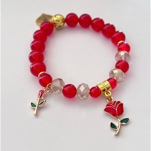 Handmade Red Rose stretch bracelet flower design gold accent, brand new